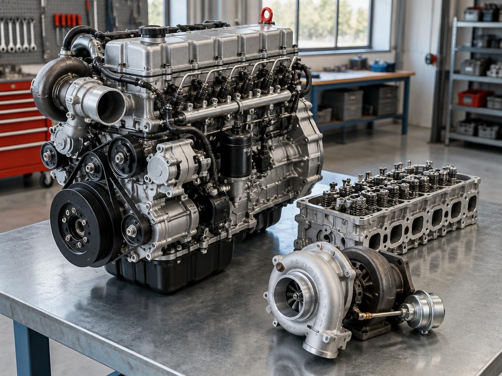 Foto ilustrativa de motor diesel, cabeçote e turbina em bancada